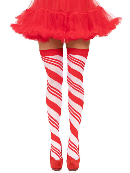 Candy Cane Thigh High - One Size - White/red LA-6628WHTRED